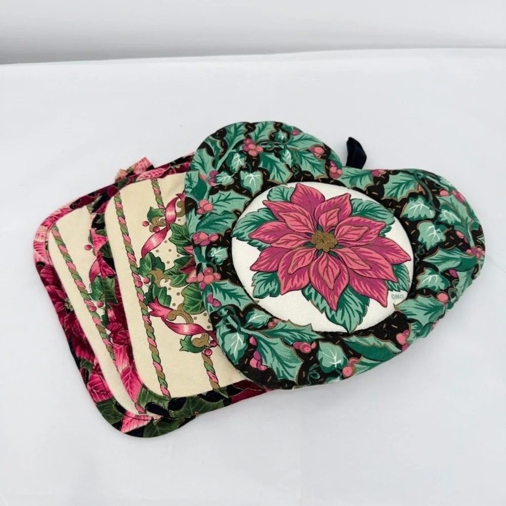 Poinsettia Cottage Country‎ Core Floral Pot Holder 3 Pc Christmas Kitchen Decor